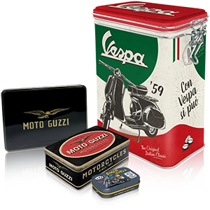 Lattine decorative di Vespa e Moto Guzzi, dal design nostalgico e di varie dimensioni.